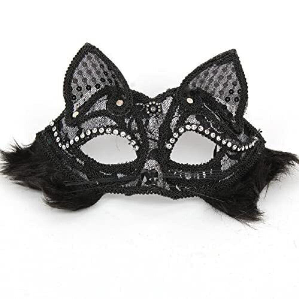 4877 2 Pieces Masquerade Party Performances Lace Cat Mask Black+Beard